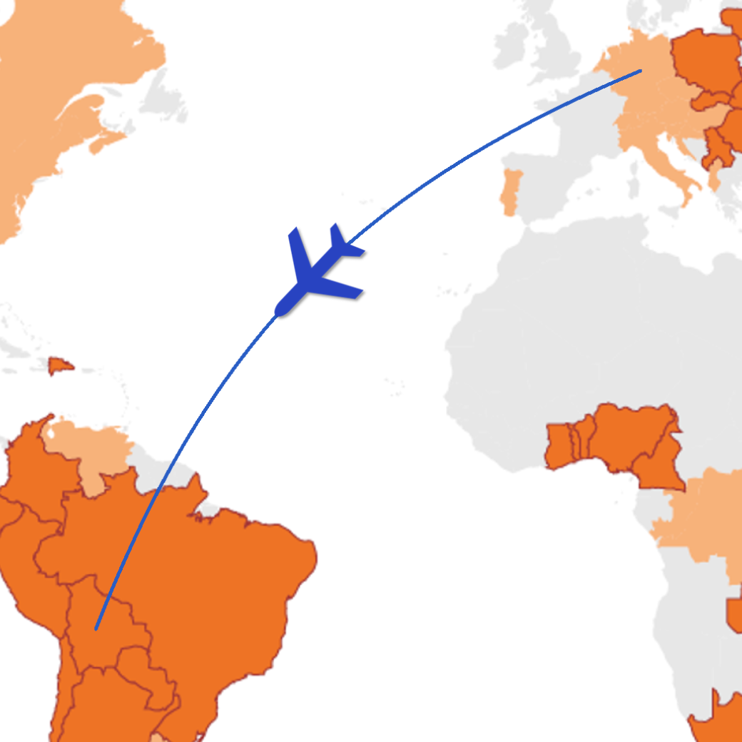 Weltkarte zeigt, in welchen Ländern es Kolping gibt (orange markiert), eine blaue Fluglinie mit Flugzeug verbindet Deutschland und Bolivien.