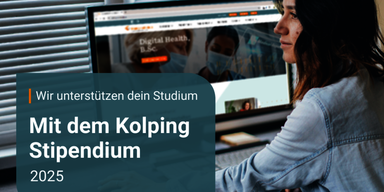 Eine Frau von der Seite an einem Bildschirm und dazu der Text, dass das Studium mit dem Kolping Stipendium unterstützt wird. (c) Kolping Hochschule Eine Frau von der Seite an einem Bildschirm und dazu der Text, dass das Studium mit dem Kolping Stipendium unterstützt wird.