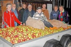 Helfer mit einem Anhänger voller Äpfel