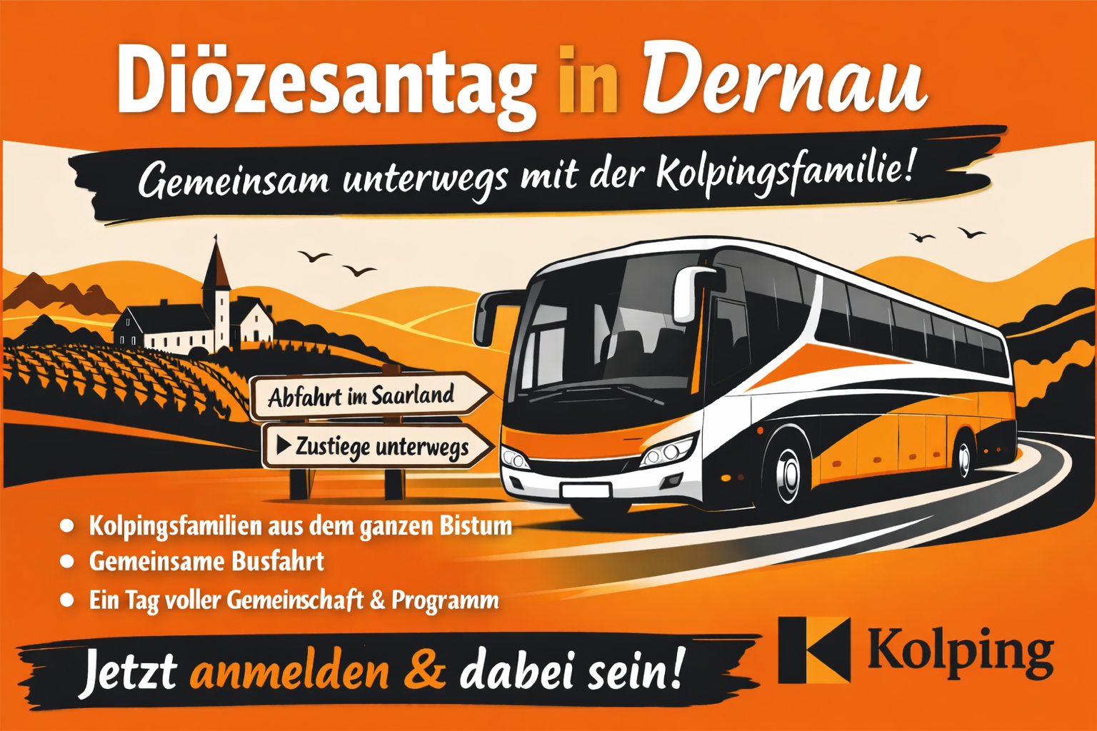 Ein Bus im Vordergrund, im Hintergrund ein Dorf, dazu Werbung wie im Text zur Busfahrt