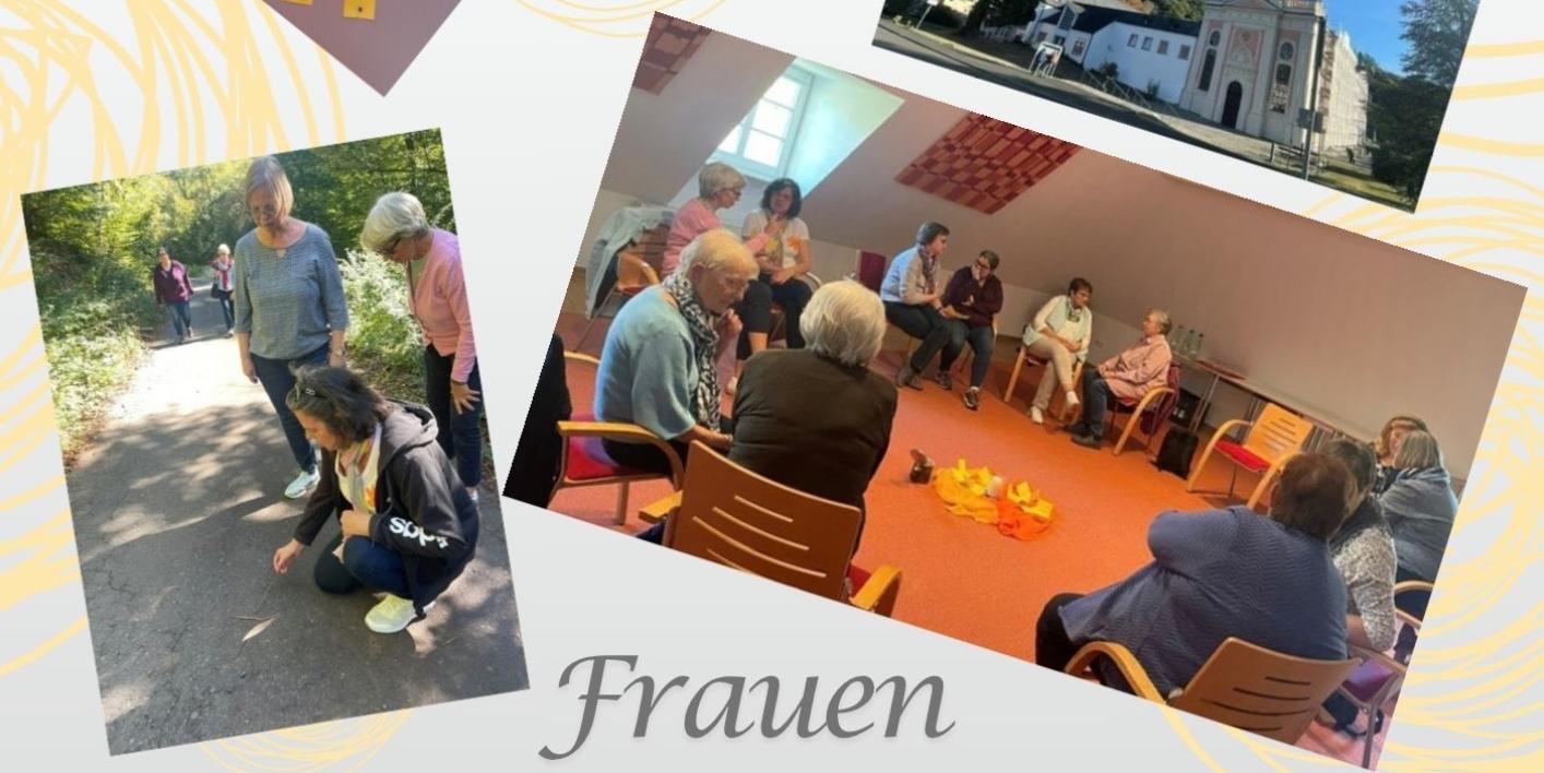 Collage (c) Kolpingwerk Trier Impressionen vom Wochenende, außenaufnahme vom Kloster, ein Bild aus dem Gruppenraum, Arbeitsergebnis auf der Pinnwand, eine Wanderung