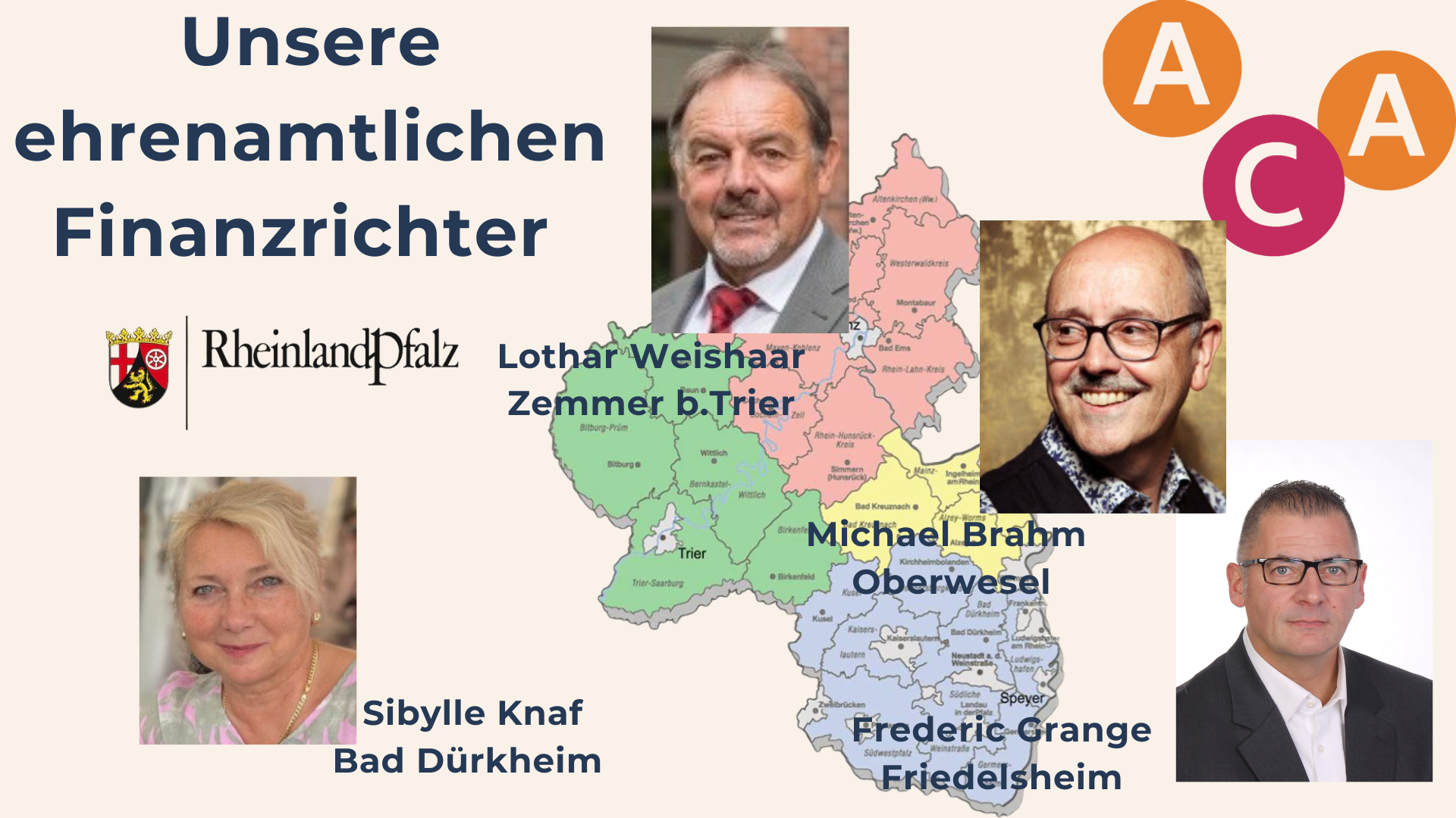 Bild mit der Landkarte von Rheinland-Pfalz mit den Bildern von den ehrenamtlichen Finanzrichtern