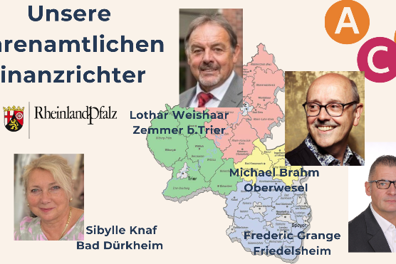 Bild mit der Landkarte von Rheinland-Pfalz mit den Bildern von den ehrenamtlichen Finanzrichtern