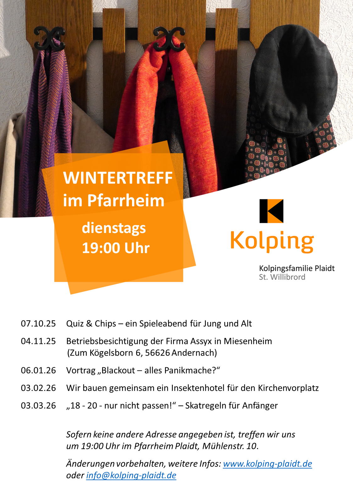 Plakat zum Plakat für Wintertreff im Pfarrheim: 07.10.25 Quizabend, 04.11.25 Betriebsbesichtigung, 06.01.26 Vortrag „Blackout – alles Panikmache?“, 03.02.26 Bau eines Insektenhotels, 03.03.26 Skat für Anfänger