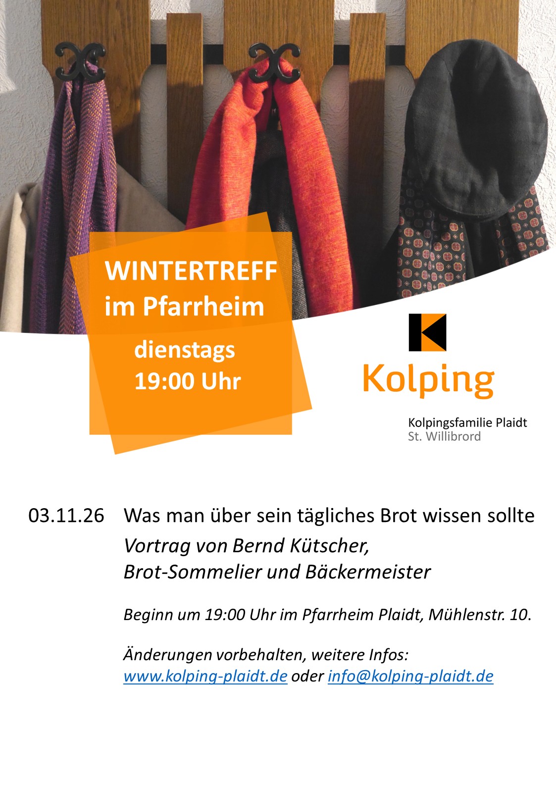 Plakat mit Bild einer Garderobe mit Winterkleidung und den Veranstaltungsinfos