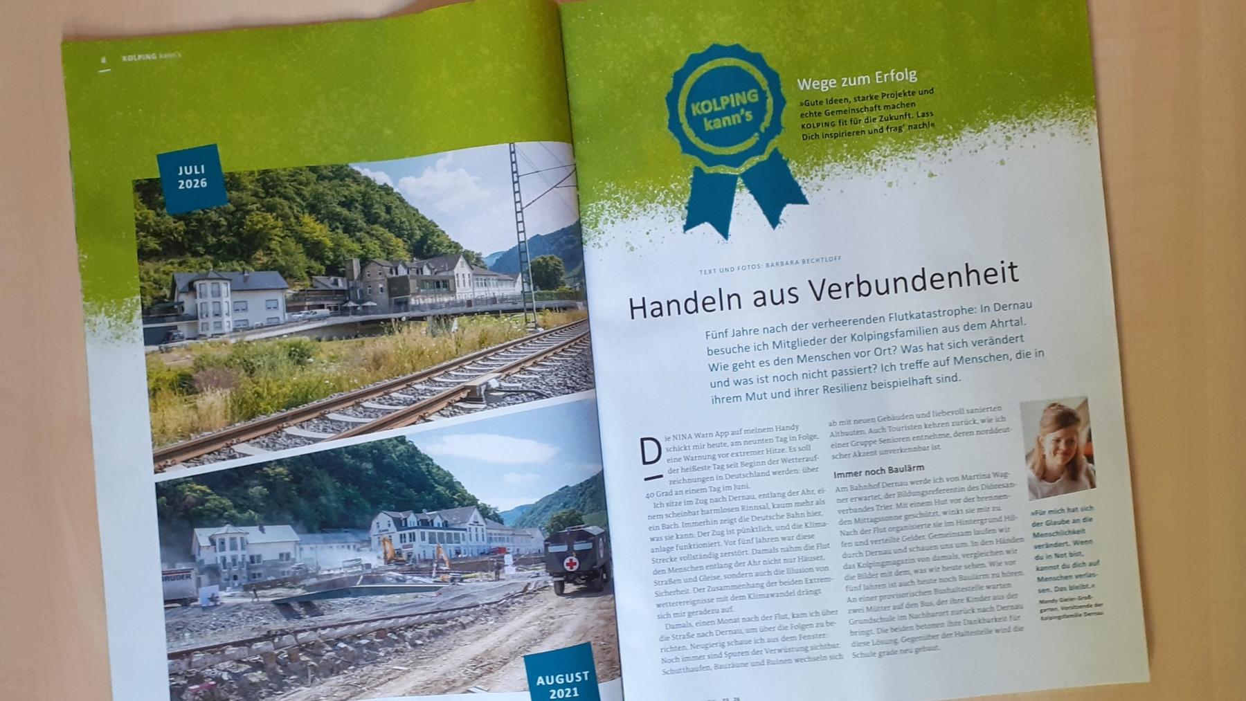 Das Kolpingmagazin liegt aufgeschlagen auf dem Tisch, der Artikel zum Ahrtal ist zu sehen.