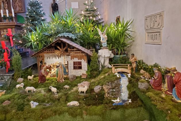 Krippe in einer Kirche mit Moos und Pflanzen