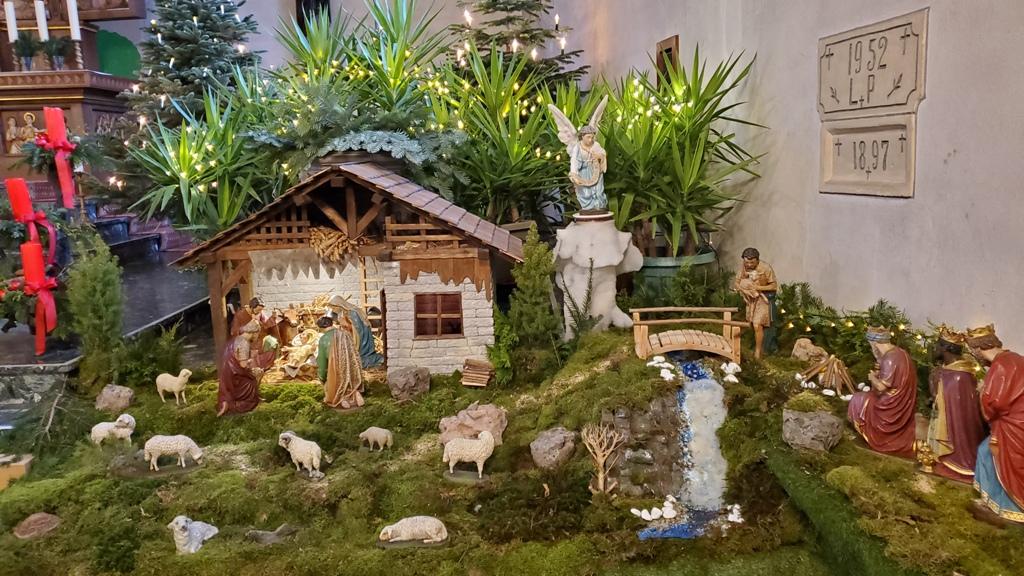 Krippe in einer Kirche mit Moos und Pflanzen