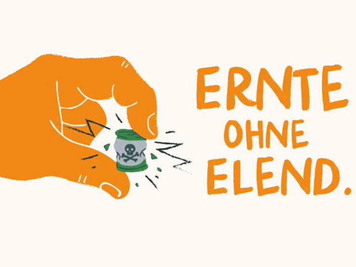Eine große gezeichnete Hand zerquetscht ein Fass mit Giftmüll. Daneben der Schriftzug 'Ernete ohne Elend'