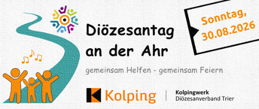 Ein Weg schlängelt sich im linken Teil, drei tanzende Figuren stehen auf dem Weg, im linken Teil sind Datum und Motto des Diözesantags an der Ahr genannt sowie das Kolping-Logo abgebildet. (c) Kolping DV Trier Ein Weg schlängelt sich im linken Teil, drei tanzende Figuren stehen auf dem Weg, im linken Teil sind Datum und Motto des Diözesantags an der Ahr genannt sowie das Kolping-Logo abgebildet.