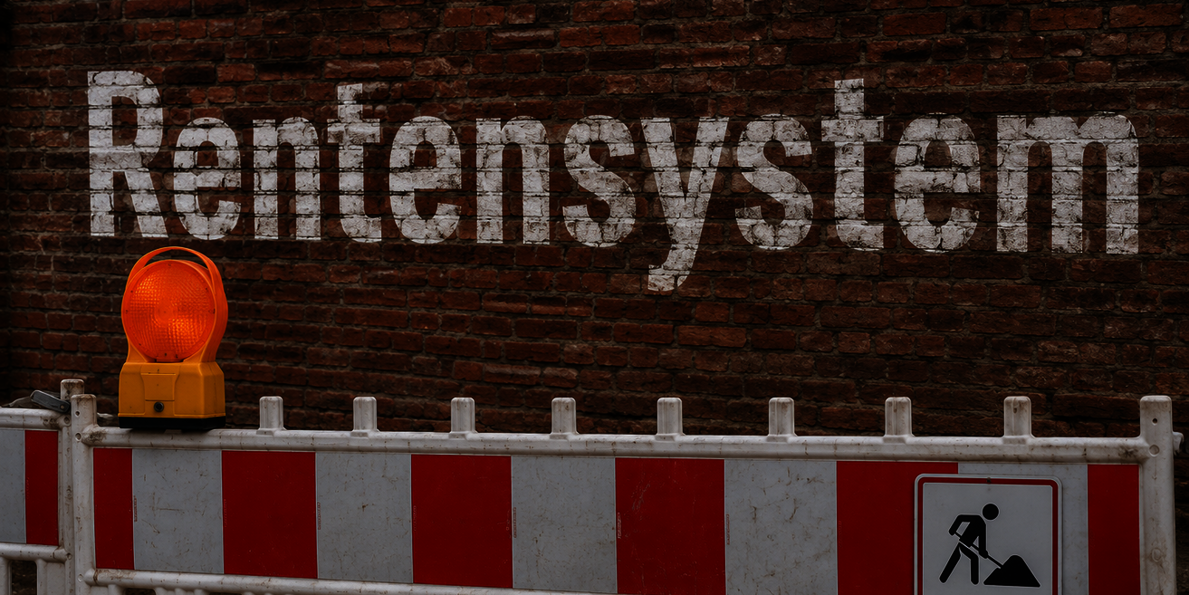 Das Bild zeigt eine Mauer mit dem Schriftzug Rentensystem, davor steht eine Baustellenabsperrung.