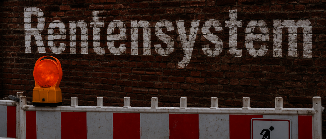 Das Bild zeigt eine Mauer mit dem Schriftzug Rentensystem, davor steht eine Baustellenabsperrung.