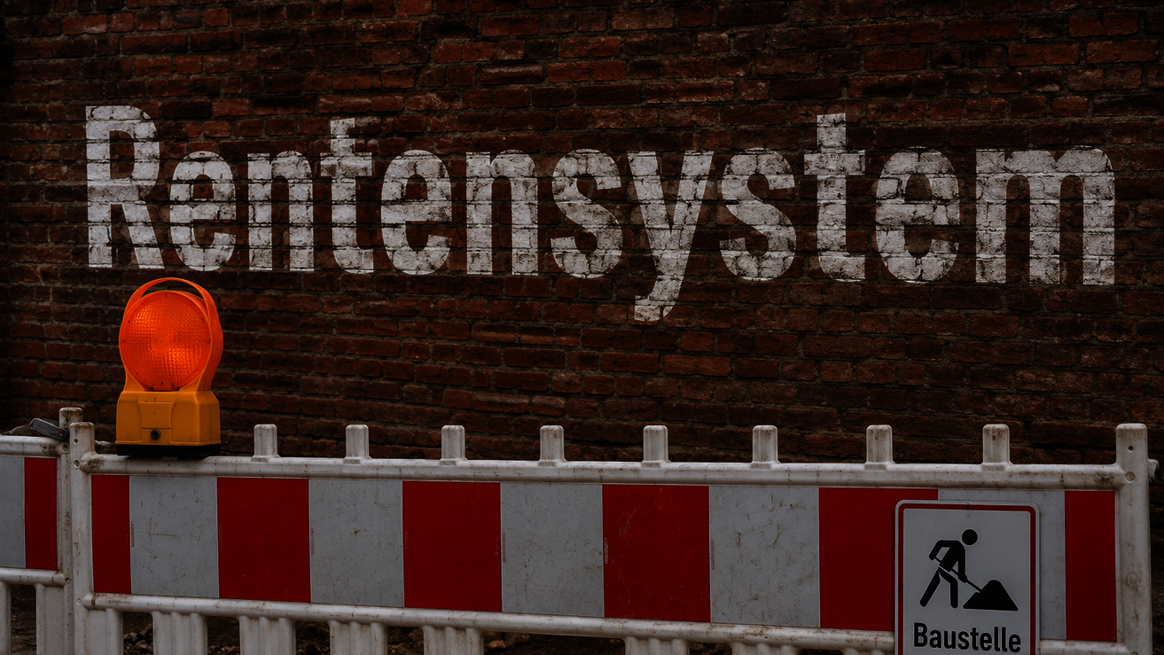 Das Bild zeigt eine Mauer mit dem Schriftzug Rentensystem, davor steht eine Baustellenabsperrung.