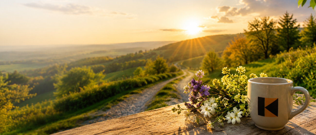 Blick in eine schöne Landschaft, Sonnenaufgang, im Vordergrund eine Tasse mit Kolpinglogo und Blumen daneben - von KI erstellt
