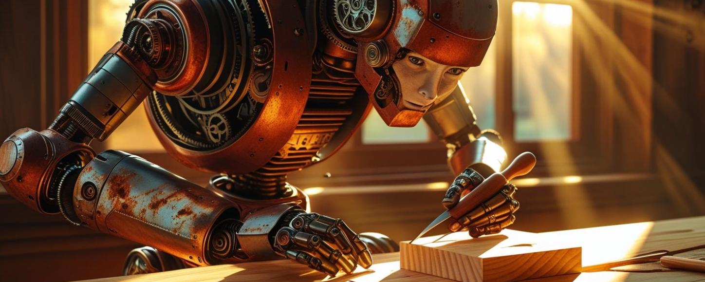 Ein Roboter arbeitet mit einem Meißel an einer kleinen quadratischen Holzplatte, das auf einer hölzernen Werkbank liegt.