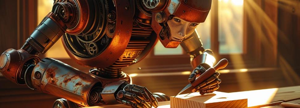 Ein Roboter arbeitet mit einem Meißel an einer kleinen quadratischen Holzplatte, das auf einer hölzernen Werkbank liegt.