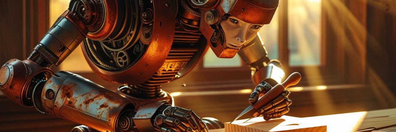 Ein Roboter arbeitet mit einem Meißel an einer kleinen quadratischen Holzplatte, das auf einer hölzernen Werkbank liegt.