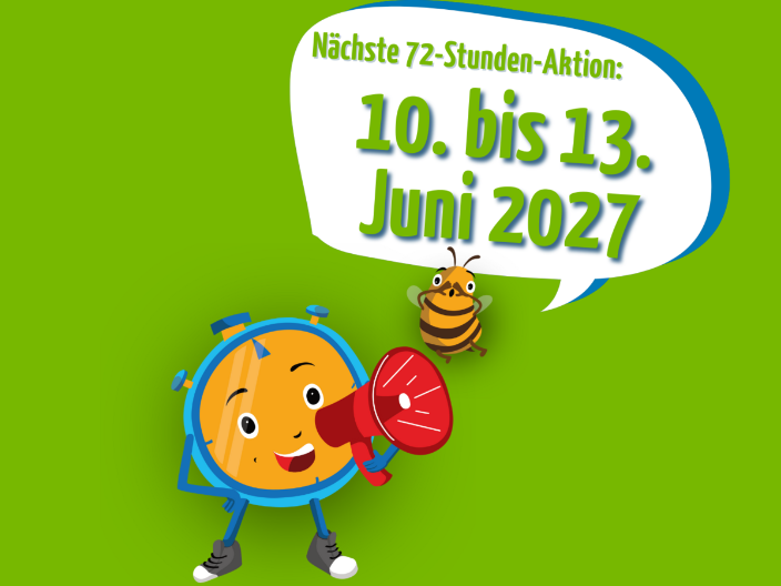 Auf grünem Hintergrund ist der Aktionsmaskottchen mit Megaphon zu sehen, darüber in einer Sprechblase das nächste Aktionsdatum.