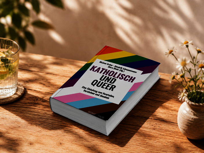 Ein Buch mit dem Titel: Katholisch und Queer liegt auf einem Tisch im Schatten