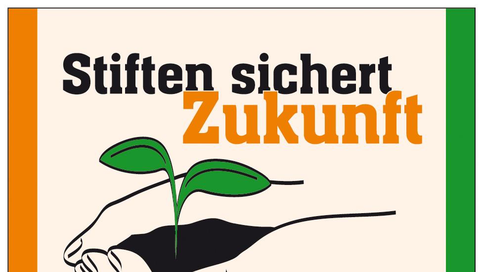 Logo mit dem Text: Stiften sichert Zukunft, eine Hand die eine kleine Pflanze hält