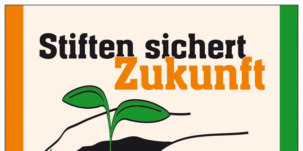 Logo mit dem Text: Stiften sichert Zukunft, eine Hand die eine kleine Pflanze hält