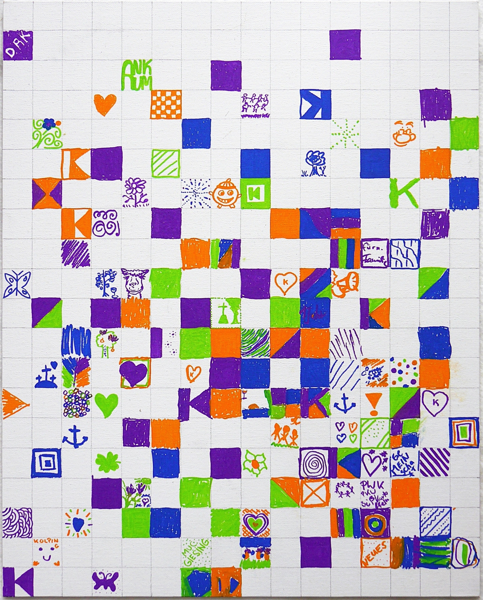 Mosaik-Bild, viele der kleinen Quadrate sind ausgemalt und gestaltet in den Farben Orange, Blau, Grün und Lila.