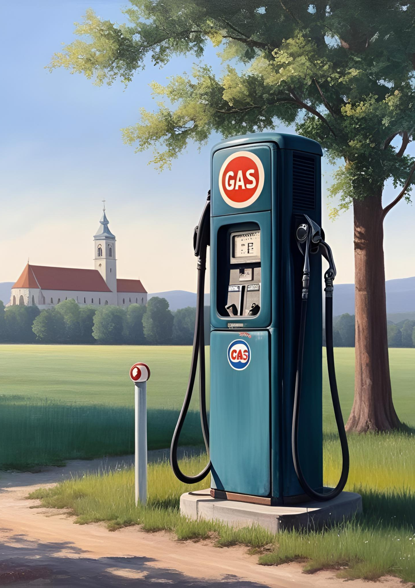 Ein von KI generiertes Bild zeigt eine blaue Zapfsäule am Wegrand, hinter einem Feld ist ein Kloster zu sehen.