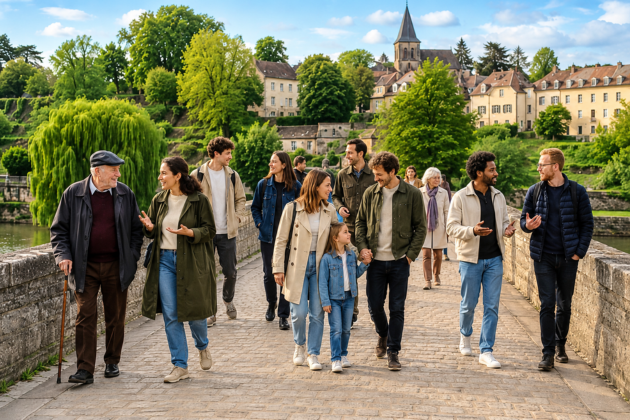 Menschen verschiedenen Alters gehen über eine Brücke, im Hintergrund eine Stadt mit vielen Bäumen