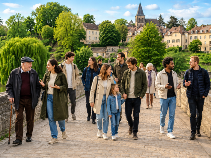 Menschen verschiedenen Alters gehen über eine Brücke, im Hintergrund eine Stadt mit vielen Bäumen