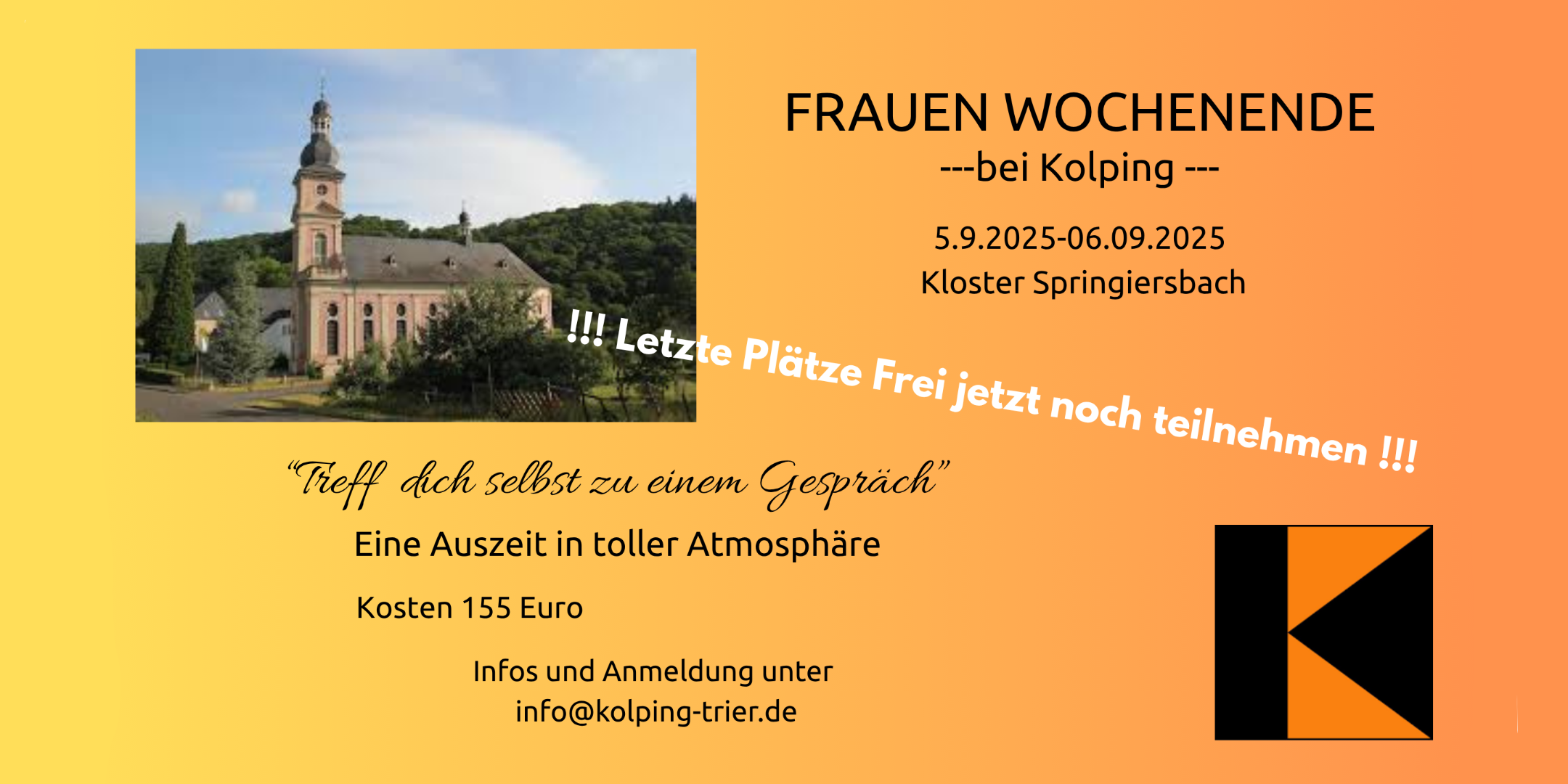Veranstaltungsflyer in Gelb-Orange mit Foto einer Kirche und Infos