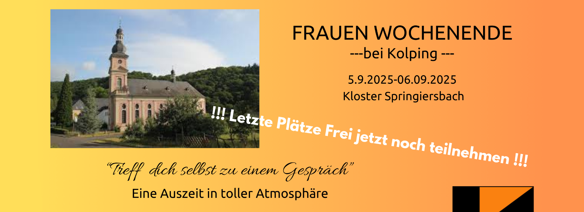 Veranstaltungsflyer in Gelb-Orange mit Foto einer Kirche und Infos