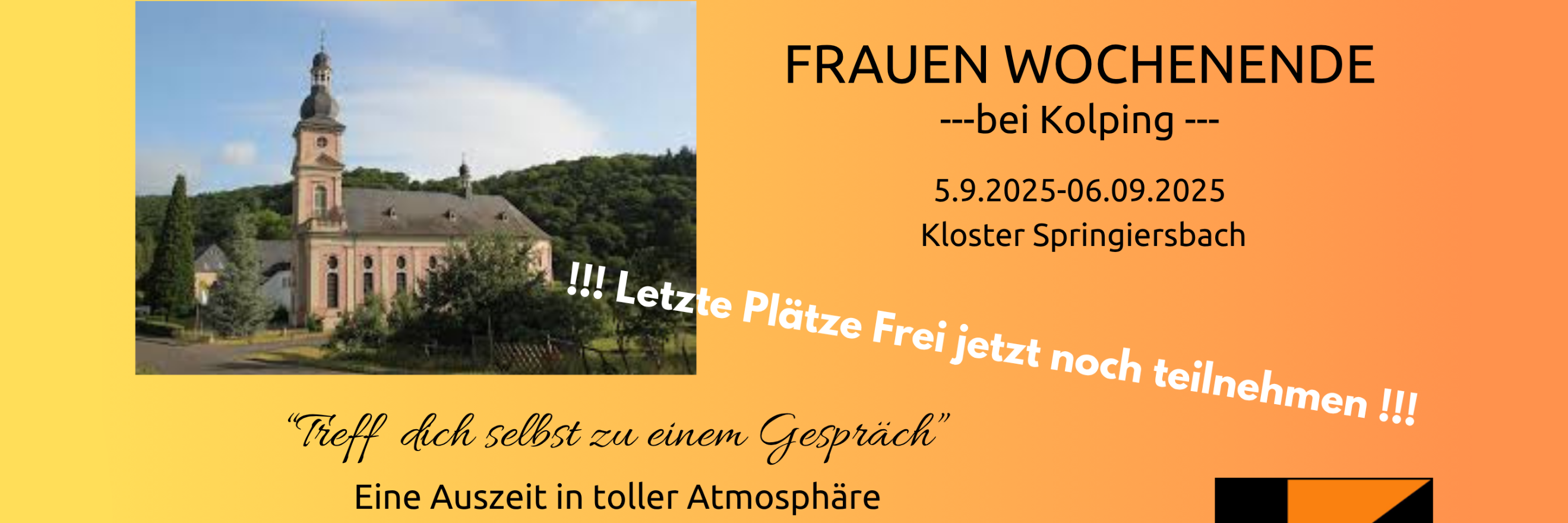 Veranstaltungsflyer in Gelb-Orange mit Foto einer Kirche und Infos