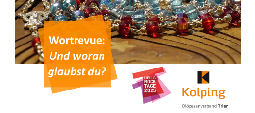 Flyer 'Wortrevue: Und woran glaubst du?' mit Logos im Hintergrund Gebetsketten