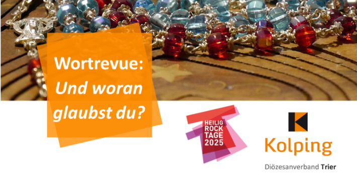 Flyer 'Wortrevue: Und woran glaubst du?' mit Logos im Hintergrund Gebetsketten