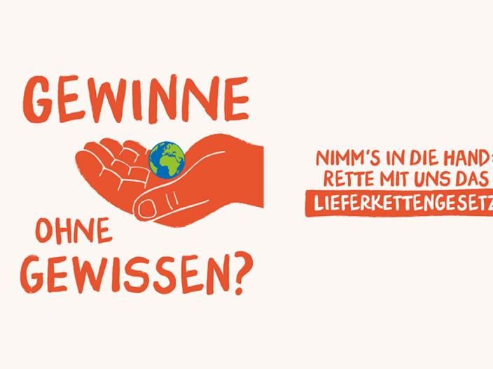 Plakat zur Initiative Lieferkettengesetz mit einer gezeichneten Hand, die ein Weltkugel hält, und Informationen.