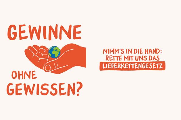 Plakat zur Initiative Lieferkettengesetz mit einer gezeichneten Hand, die ein Weltkugel hält, und Informationen.