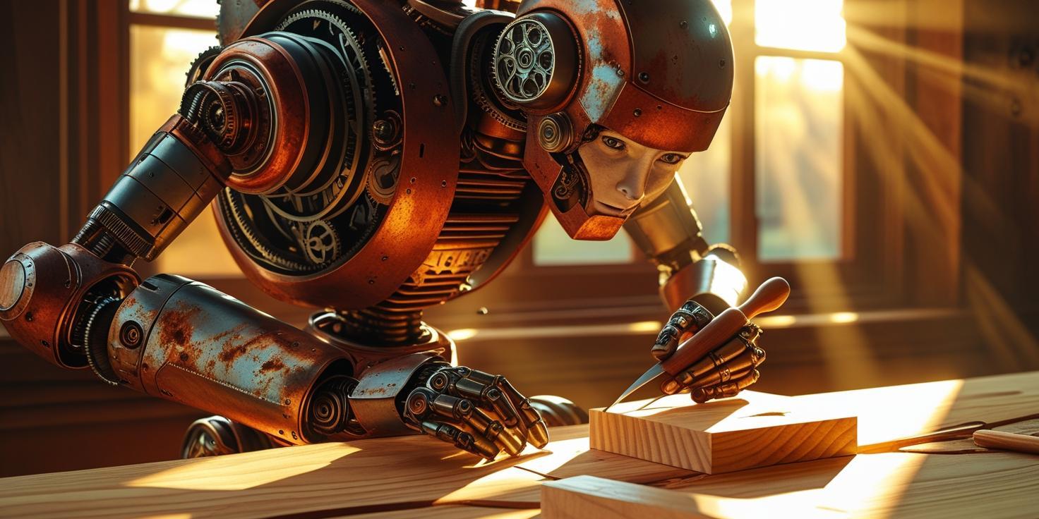 Auf einem generierten Bild arbeitet ein Roboter an einer Werkbank mit Holz
