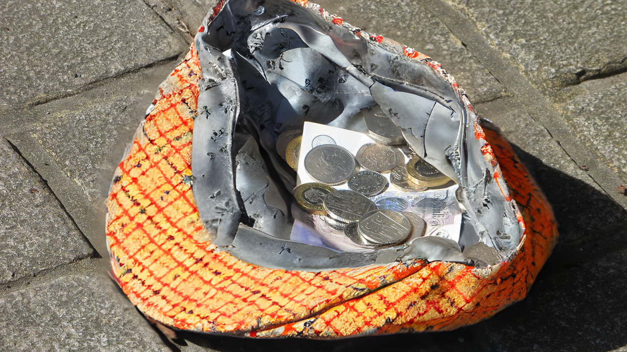 Man sieht eine Kappe oder Mütze auf dem Boden mit einigen Geldstücken darin