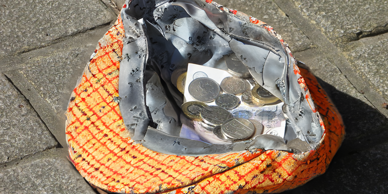 Man sieht eine Kappe oder Mütze auf dem Boden mit einigen Geldstücken darin (c) Kolping Man sieht eine Kappe oder Mütze auf dem Boden mit einigen Geldstücken darin