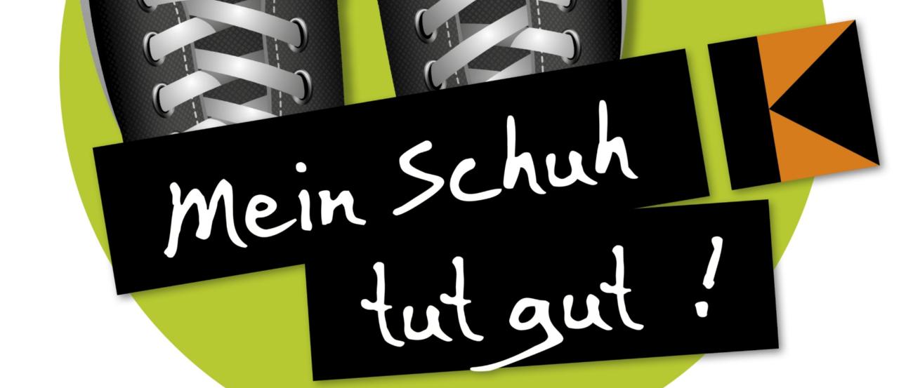 Man sieht gemalte Sneaker auf einem grünen Punkt, davor den Schriftzug: Mein Schuh tut gut!