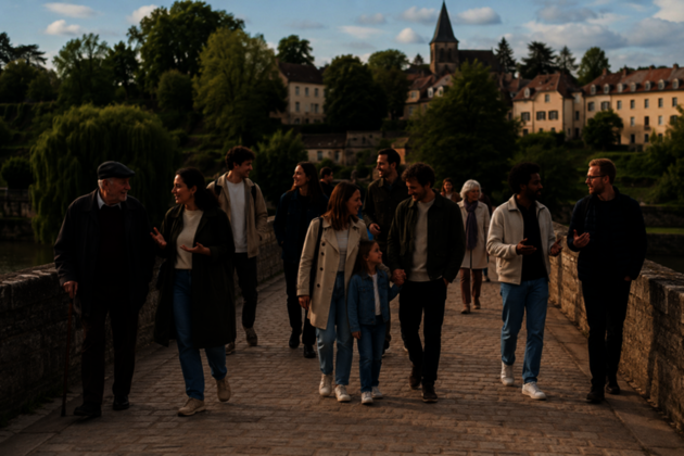 Menschen verschiedener Generationen im Gespräch, im Hintergrund eine Stadt und Bäume