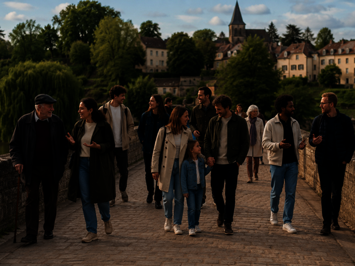 Menschen verschiedener Generationen im Gespräch, im Hintergrund eine Stadt und Bäume