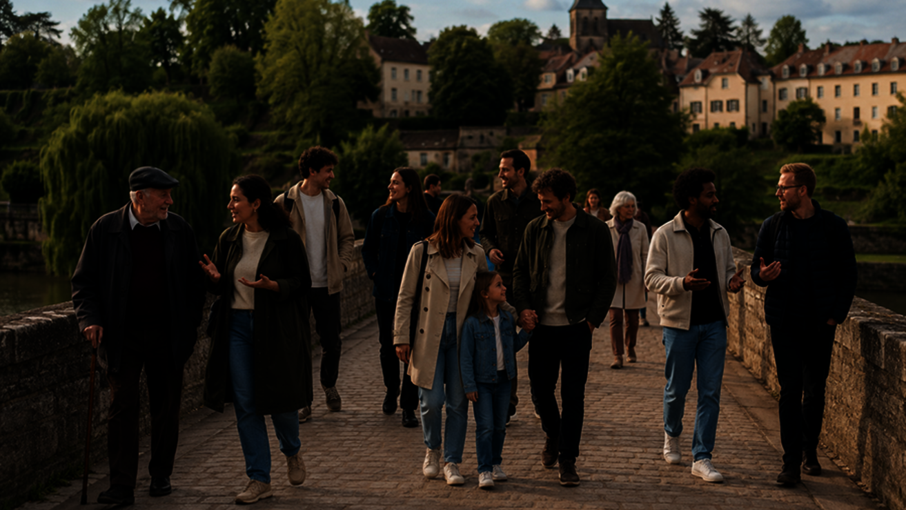 Menschen verschiedener Generationen im Gespräch, im Hintergrund eine Stadt und Bäume