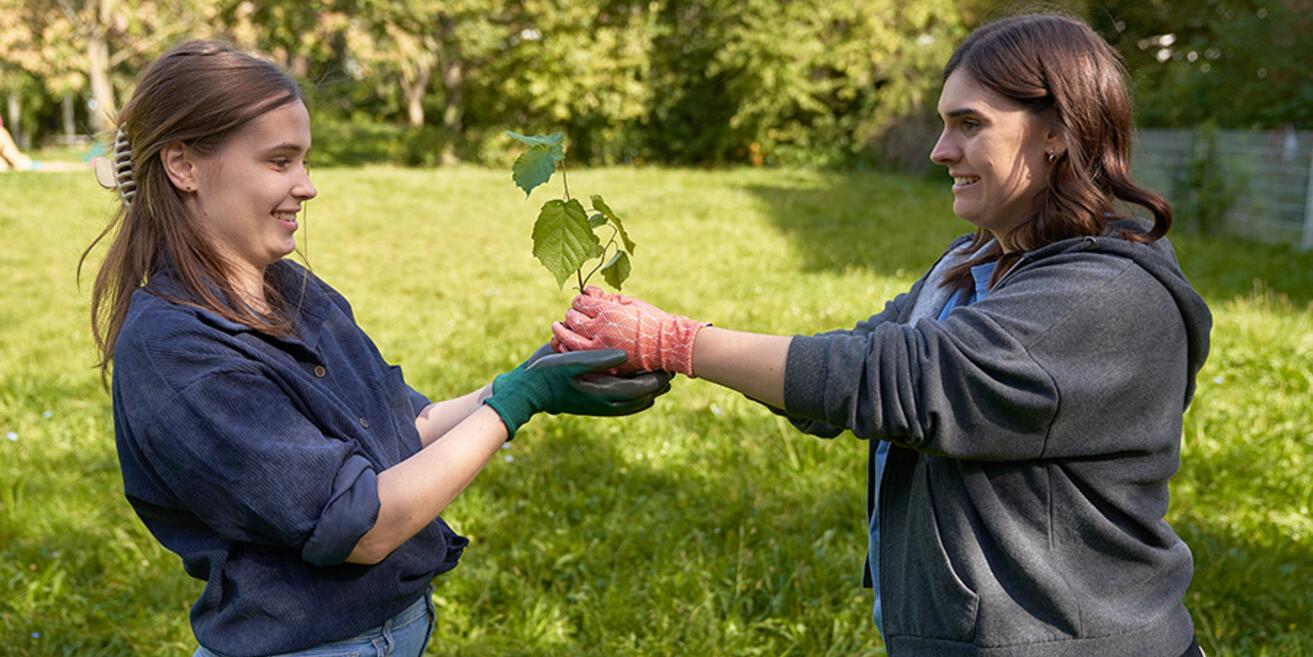 zwei Frauen stehen auf der Wiese, eine Frau gibt der anderen eine kleine Pflanze (c) Philipp Hesse zwei Frauen stehen auf der Wiese, eine Frau gibt der anderen eine kleine Pflanze