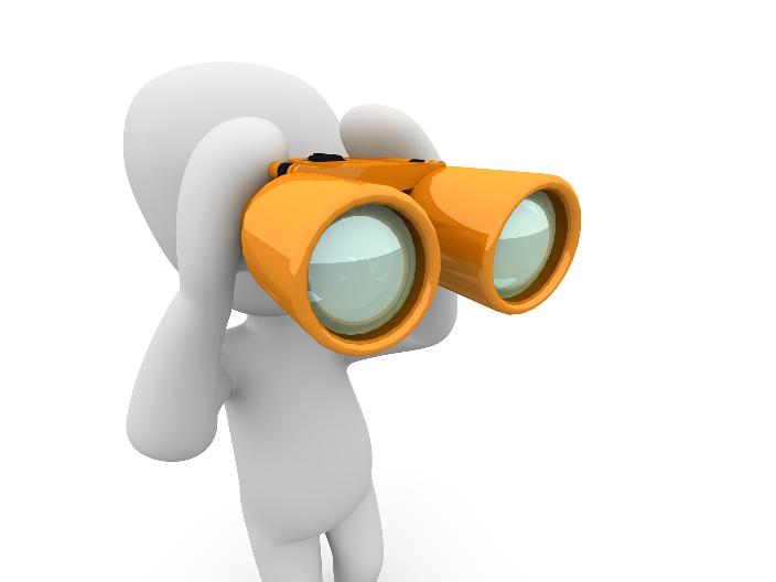 Eine generierte Figur hält mit einem orangenen Fernglas Ausschau