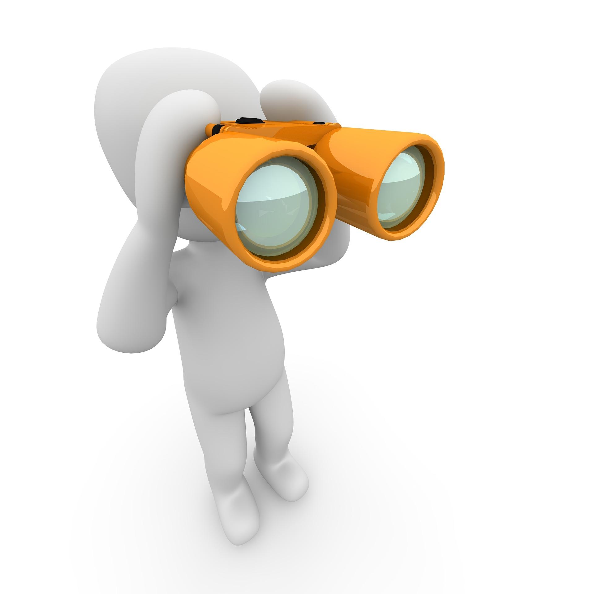 Eine generierte Figur hält mit einem orangenen Fernglas Ausschau