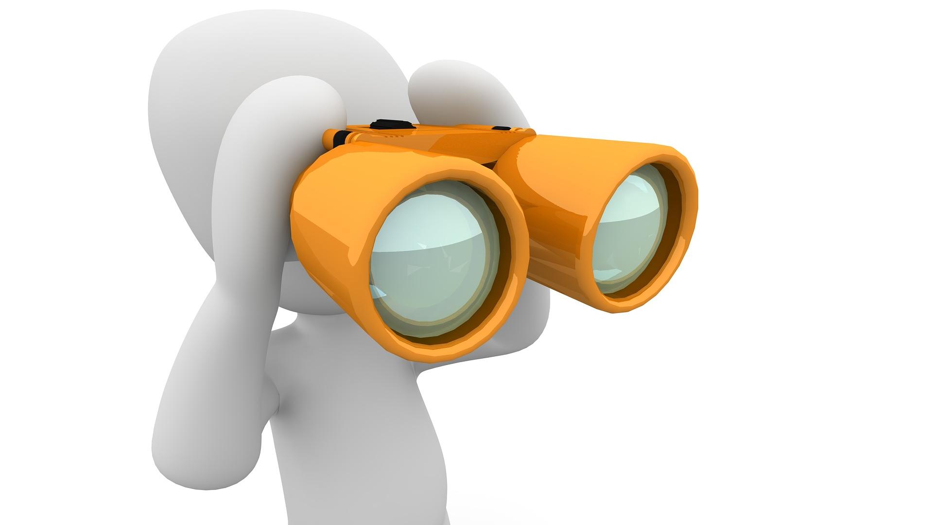 Eine generierte Figur hält mit einem orangenen Fernglas Ausschau