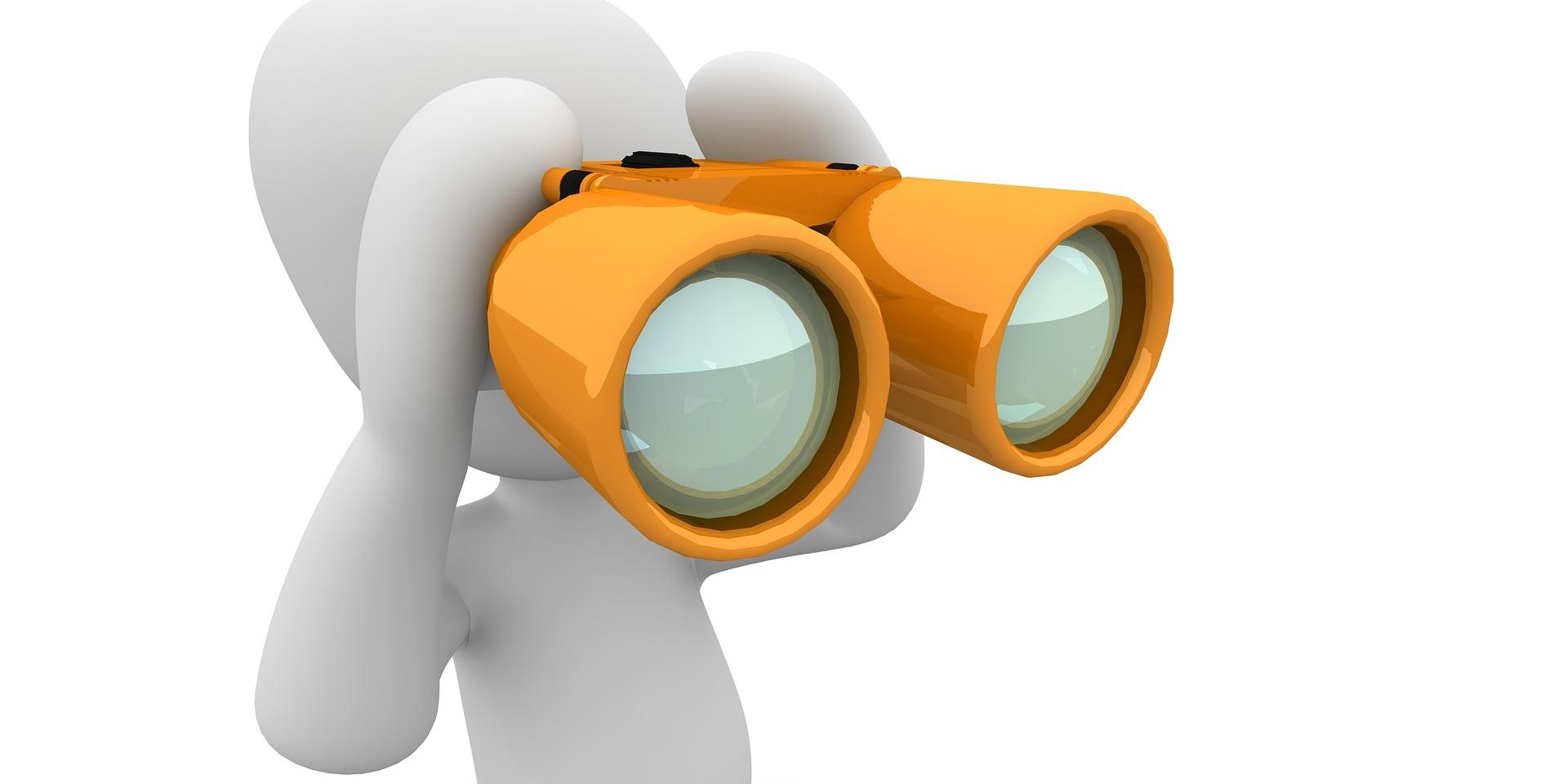 Eine generierte Figur hält mit einem orangenen Fernglas Ausschau