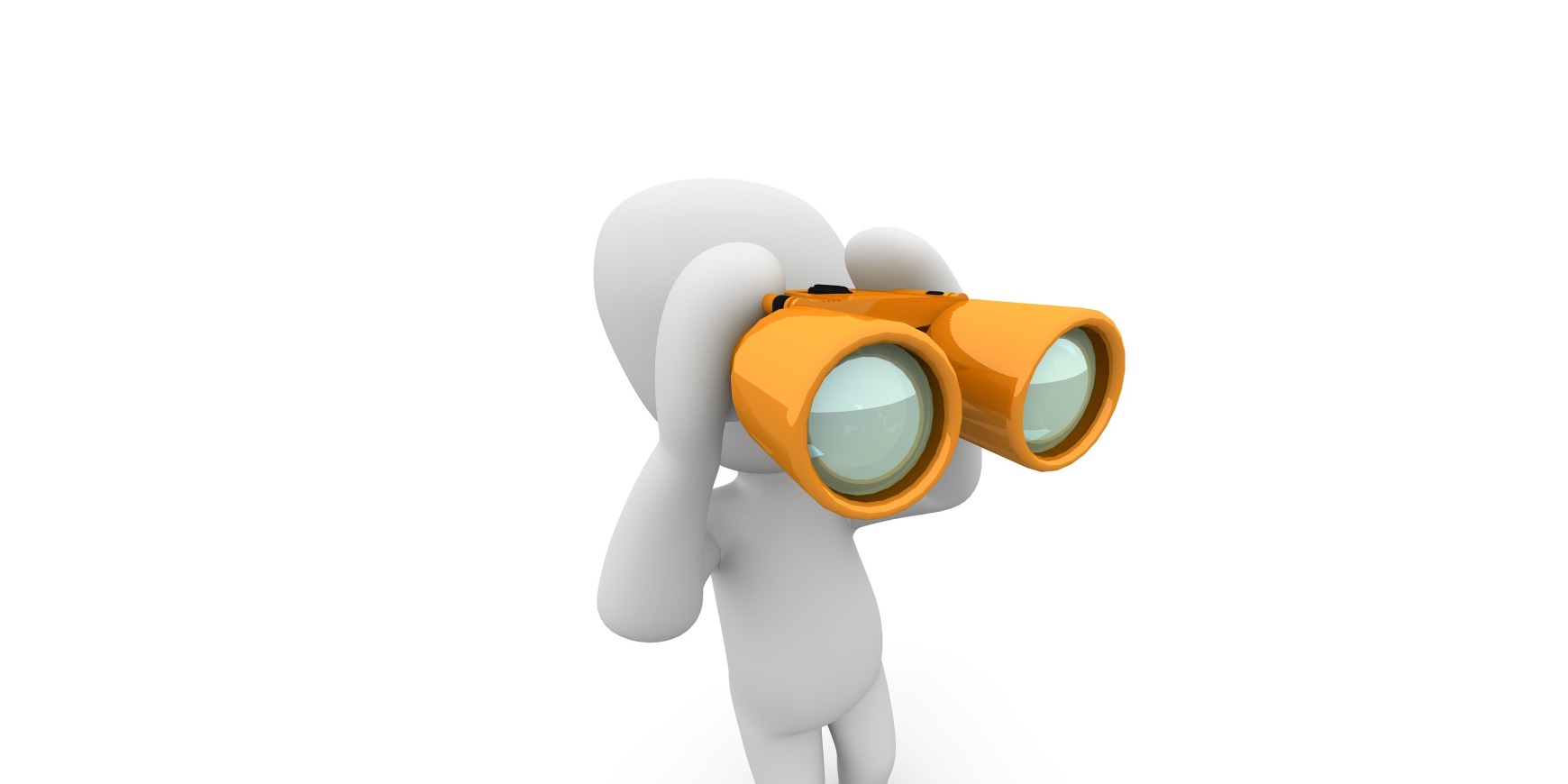 Eine generierte Figur hält mit einem orangenen Fernglas Ausschau