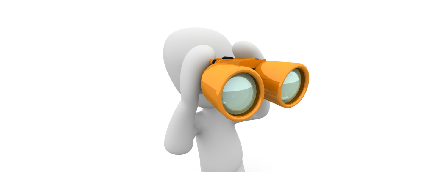 Eine generierte Figur hält mit einem orangenen Fernglas Ausschau